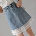 Mesh Trim A-line Denim Skirt