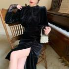Long-sleeve Velvet Lace Trim Midi A-line Dress
