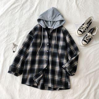 Plaid Hooded Buttoned Jacket As Shown In Figure - One Size