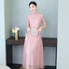 Traditional Chinese Short-sleeve Lace A-line Midi Dress