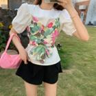 Mock Two-piece Puff-sleeve Floral Top