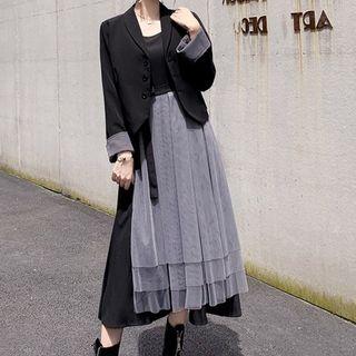 Set: Contrast Cuff Blazer + Mesh Panel Midi Tank Dress