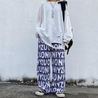 Lettering Plaid Straight-cut Pants