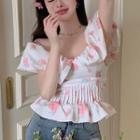 Puff-sleeve Off-shoulder Floral Blouse Pink Floral - White - One Size