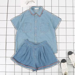 Set: Short-sleeve Denim Shirt + Wide Leg Shorts