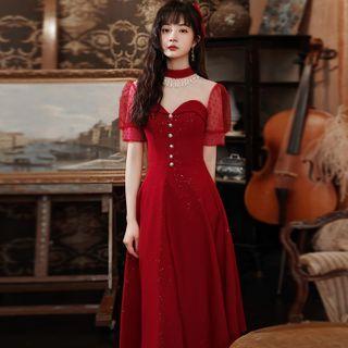 Short-sleeve Mesh Panel A-line Evening Dress (various Designs)