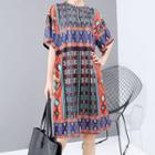 Short-sleeve Patterned A-line Dress Tangerine Red & Blue - One Size