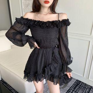 Off-shoulder Bell Sleeve Ruffle Trim Chiffon Top / High Waist Ruffle Trim Chiffon Mini Wrap Skirt