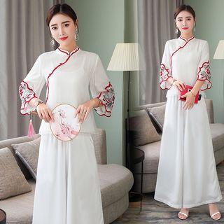 Chinese Style 3/4-sleeve Floral Embroidery Top / Wide-leg Pants / Set