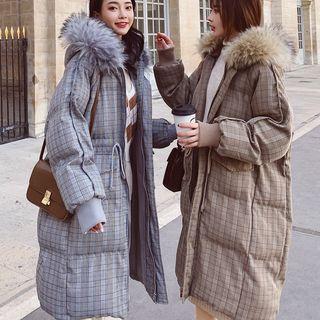Furry-trim Hooded Plaid Padded Long Coat