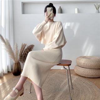 Set: Lantern Sleeve Mock Neck Sweater + Sleeveless Ribbed Knit Dress