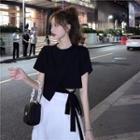 Elbow-sleeve T-shirt / Asymmetrical Midi A-line Skirt