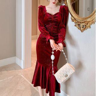 Bell-sleeve Ruffle Hem Velvet Midi Sheath Dress