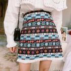 Patterned Fringed Trim Mini A-line Skirt