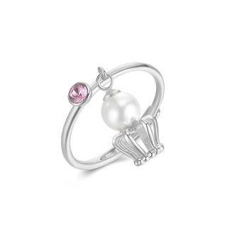 925 Sterling Silver Noble Personality Pearl Crown Adjustable Ring With Pink Austrian Element Crystal Silver - One Size