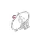 925 Sterling Silver Noble Personality Pearl Crown Adjustable Ring With Pink Austrian Element Crystal Silver - One Size