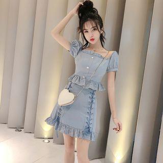 Set: Off-shoulder Top + Mini Lace-up A-line Skirt