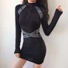 Long-sleeve Lettering Print Knit Mock-neck Bodycon Dress