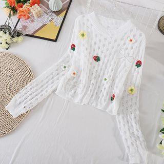 Bow Pointelle-knit Long-sleeve Top White - One Size
