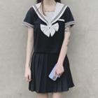 Contrast Trim Short-sleeve Blouse / Bow Tie / Mini Pleated Skirt / Set