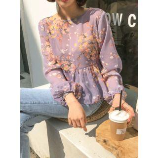 Tie-back Balloon-sleeve Floral Peplum Top