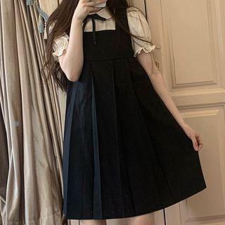 Set: Short-sleeve Blouse + Mini A-line Overall Dress