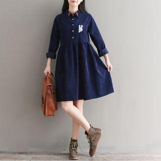 Rabbit Embroidered Long-sleeve Collared Dress