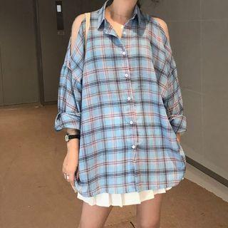 Long-sleeve Cold Shoulder Plaid Shirt Light Blue - One Size