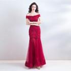 Off-shoulder Lace Panel Mermaid Evening Gown