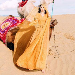 Set: V-neck Long-sleeve Maxi A-line Dress + Scarf