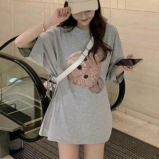Elbow-sleeve Embellished T-shirt Gray - One Size