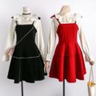 Set: Ruffled-collar Blouse + Sleeveless Velvet A-line Dress
