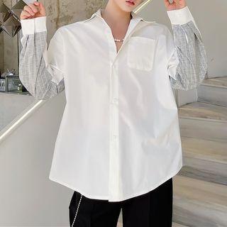 Long-sleeve Striped Panel Button-up Shirt