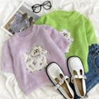 Short-sleeve Dog Embroider Cropped Knit Top