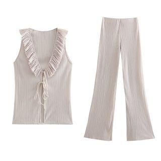 V-neck Ruffle Trim Tank Top / Wide Leg Pants / Set