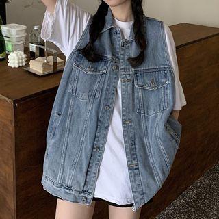 Sleeveless Back Buttoned Denim Jacket Blue - One Size
