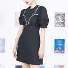 Puff-sleeve Faux Pearl Trim Mini A-line Dress