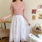 Cherry Embroidered Short-sleeve T-shirt / Midi A-line Skirt