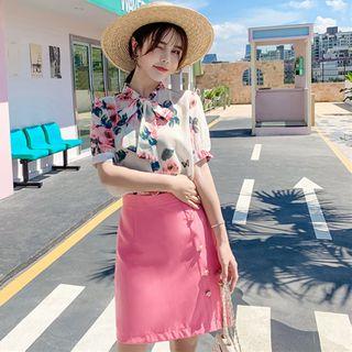 Set; Short-sleeve Floral Print Chiffon Blouse + A-line Skirt