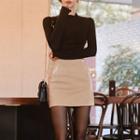 Set: Lettuce Edge Long-sleeve Top + Faux Leather Mini Pencil Skirt
