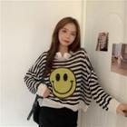 Smiley Face Striped Sweater Stripes - Black & White - One Size