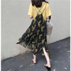 Short-sleeve T-shirt / Floral Strappy Midi Chiffon Dress