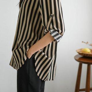 Mandarin-collar Half-placket Striped Blouse