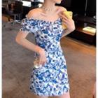 Off-shoulder Ruffle Trim Floral Printed Mini Dress