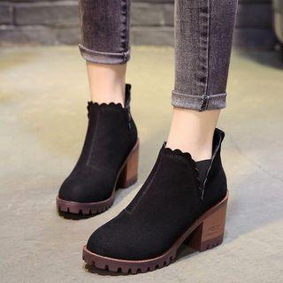 Chunky Heel Scalloped Trim Ankle Boots