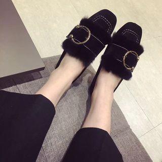 Square Toe Furry Trim Buckled Loafers