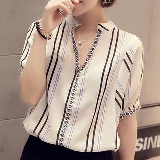 Set: 3/4-sleeve Striped Blouse + Cropped Harem Pants
