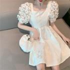 Flower Applique Puff-sleeve Panel Mini A-line Dress