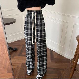 Plaid Fleece-lined Straight Leg Pants Black & White - One Size