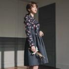 Set: Hanbok Top (floral / Navy Blue) + Skirt (midi / Charcoal Gray)